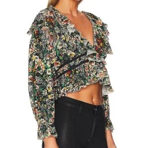 Free People Rudi Ruffle In Night Garden Floral Long Sleeve Top Size LARGE